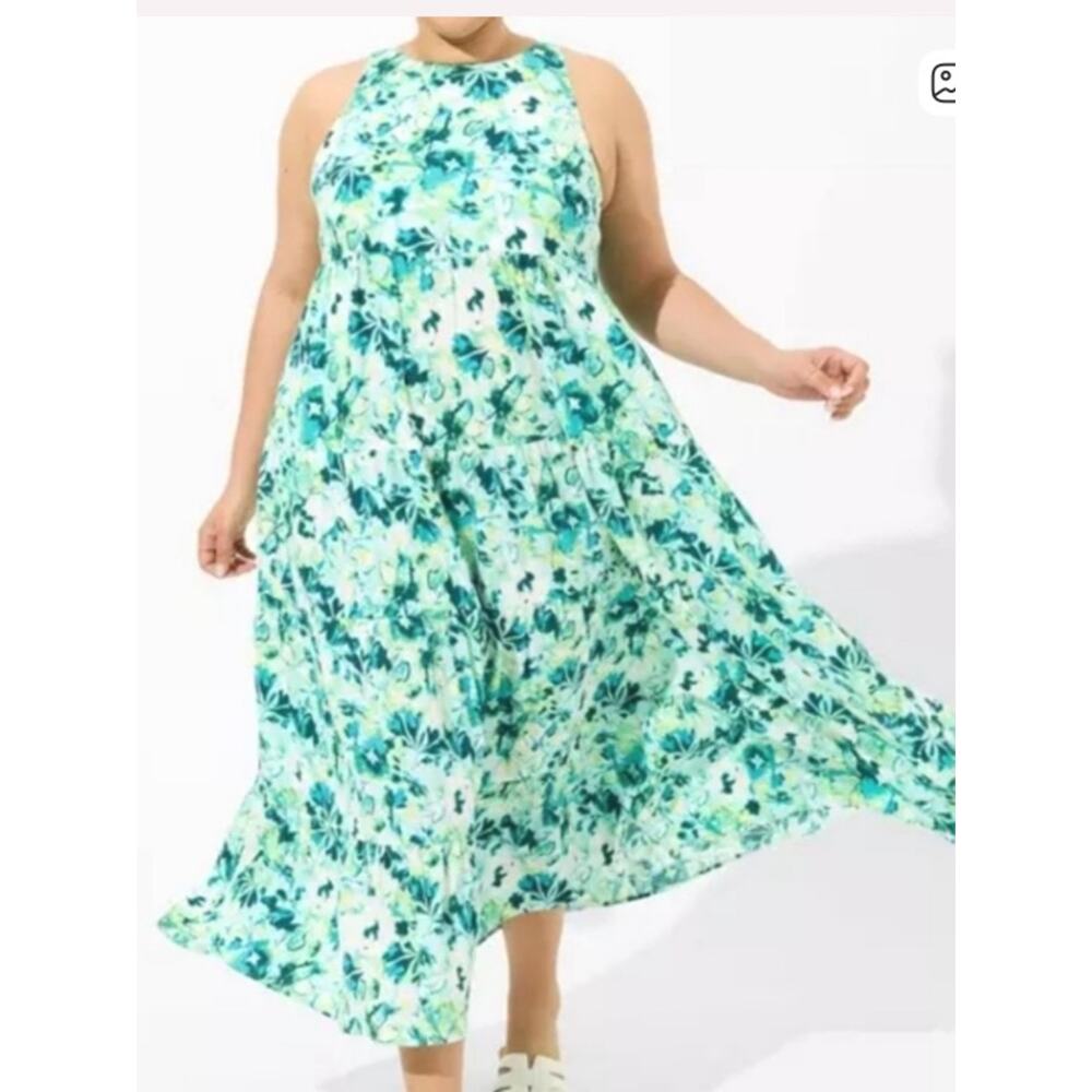 Torrid size 2 2x midi dress high neck green sundre Teal Aqua Floral Summer Dress
